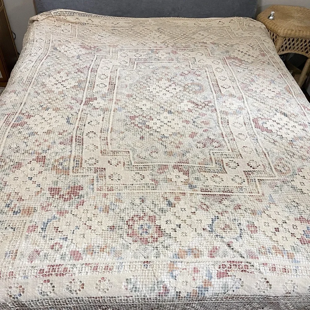 Vtg Cream Ivory Lace Bedspread Boho Floral Medallion‎ Fringe King 105x90 Granny